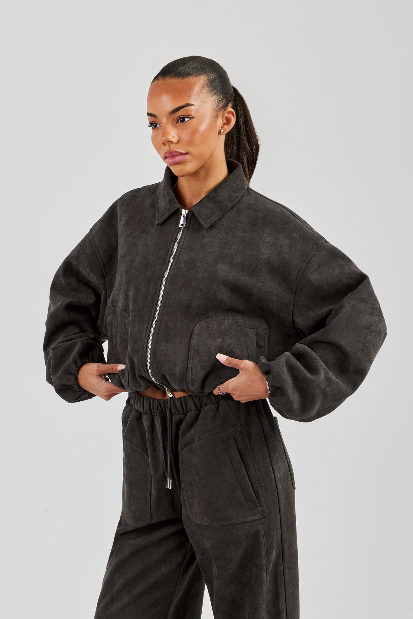 Suede Collared Bomber Jacket - Charcoal